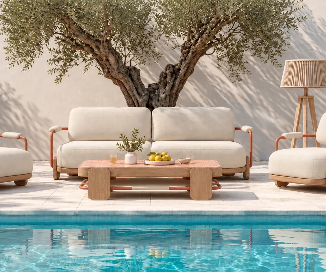 Cabana outdoor sofa and coffee table beside a swimming pool