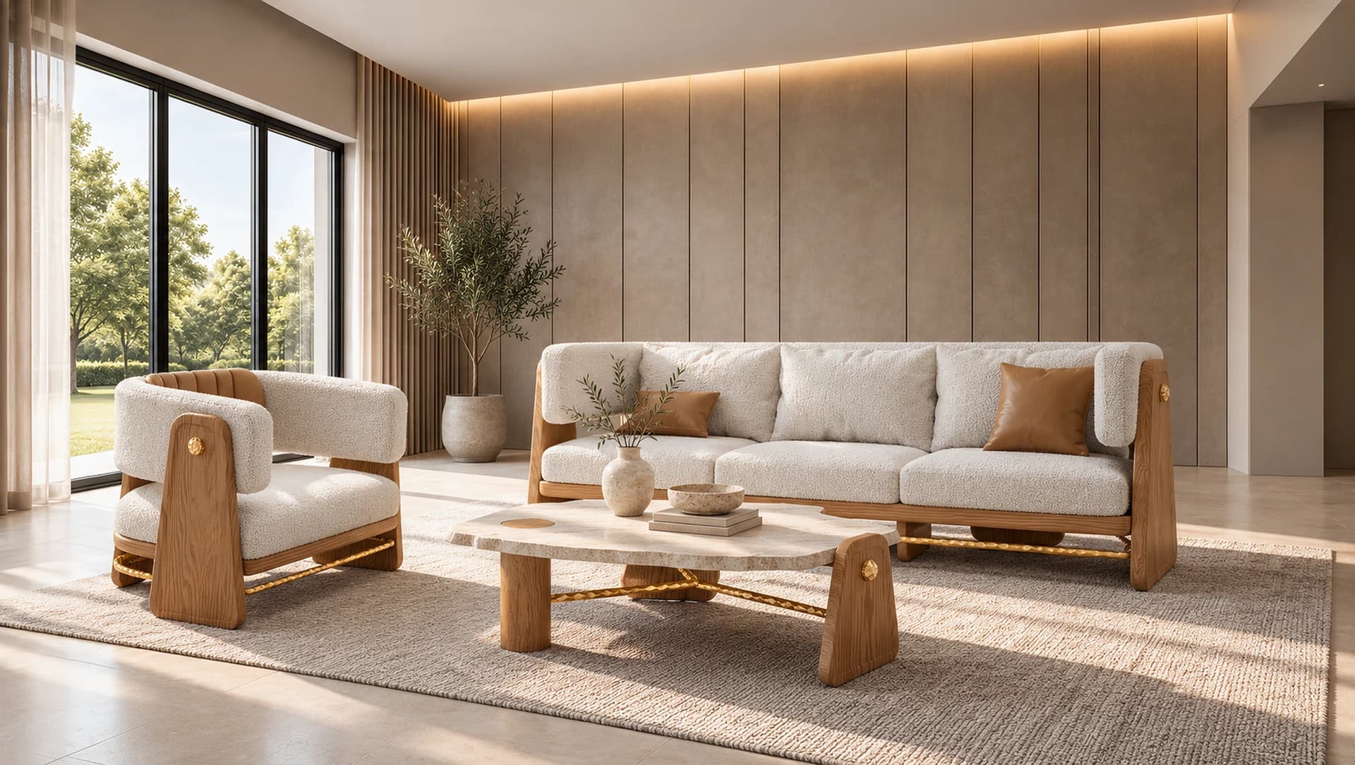 Nuvé sofa and lounge chair with a sculpted coffee table