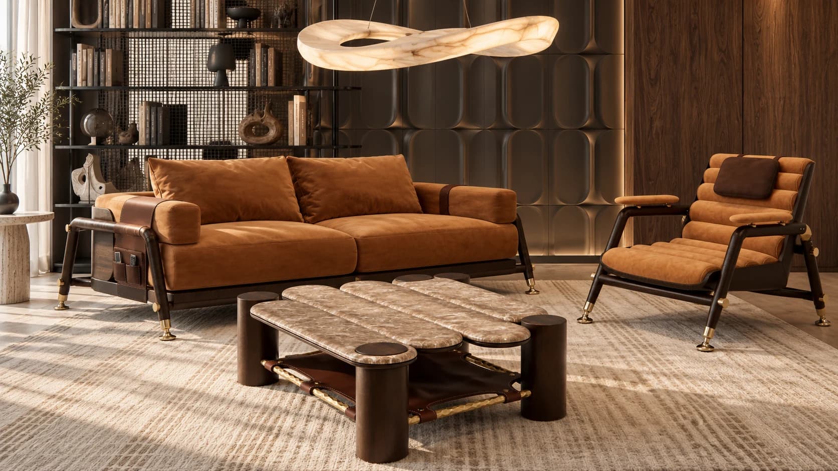 Ravenscroft caramel sofa and lounge chair with sculpted coffee tables