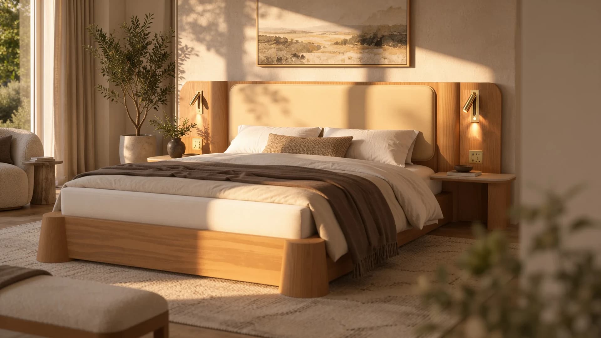 Solenne bedroom viewed at an angle, with an upholstered headboard and integrated wooden bedside panels
