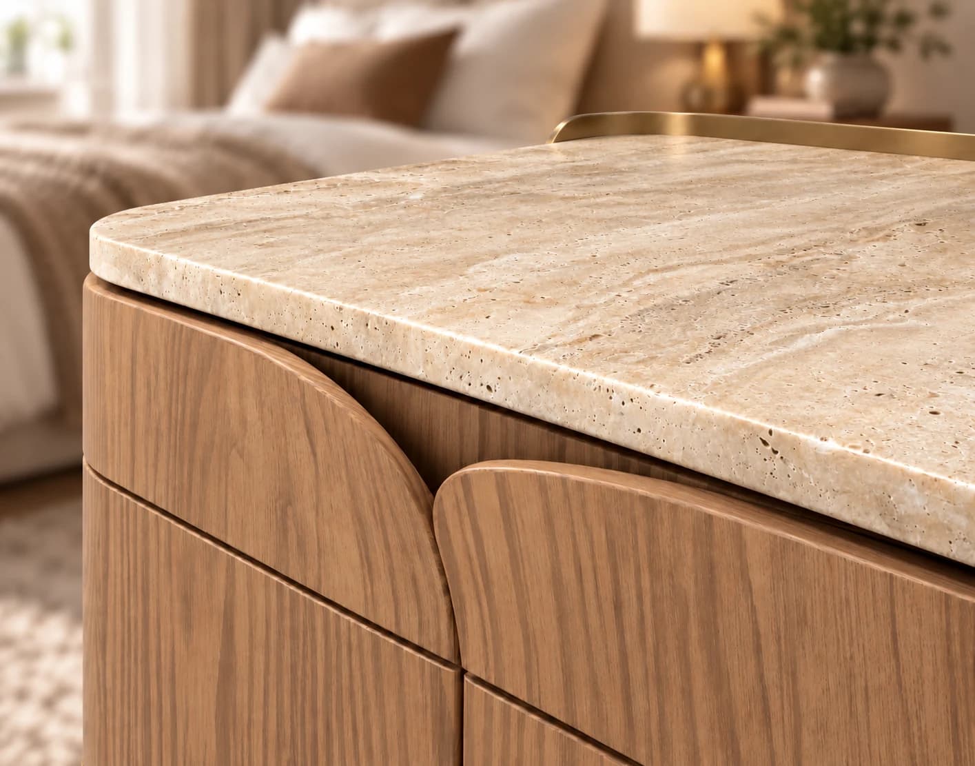 Solenne wood drawer fronts with curved detailing and a stone top