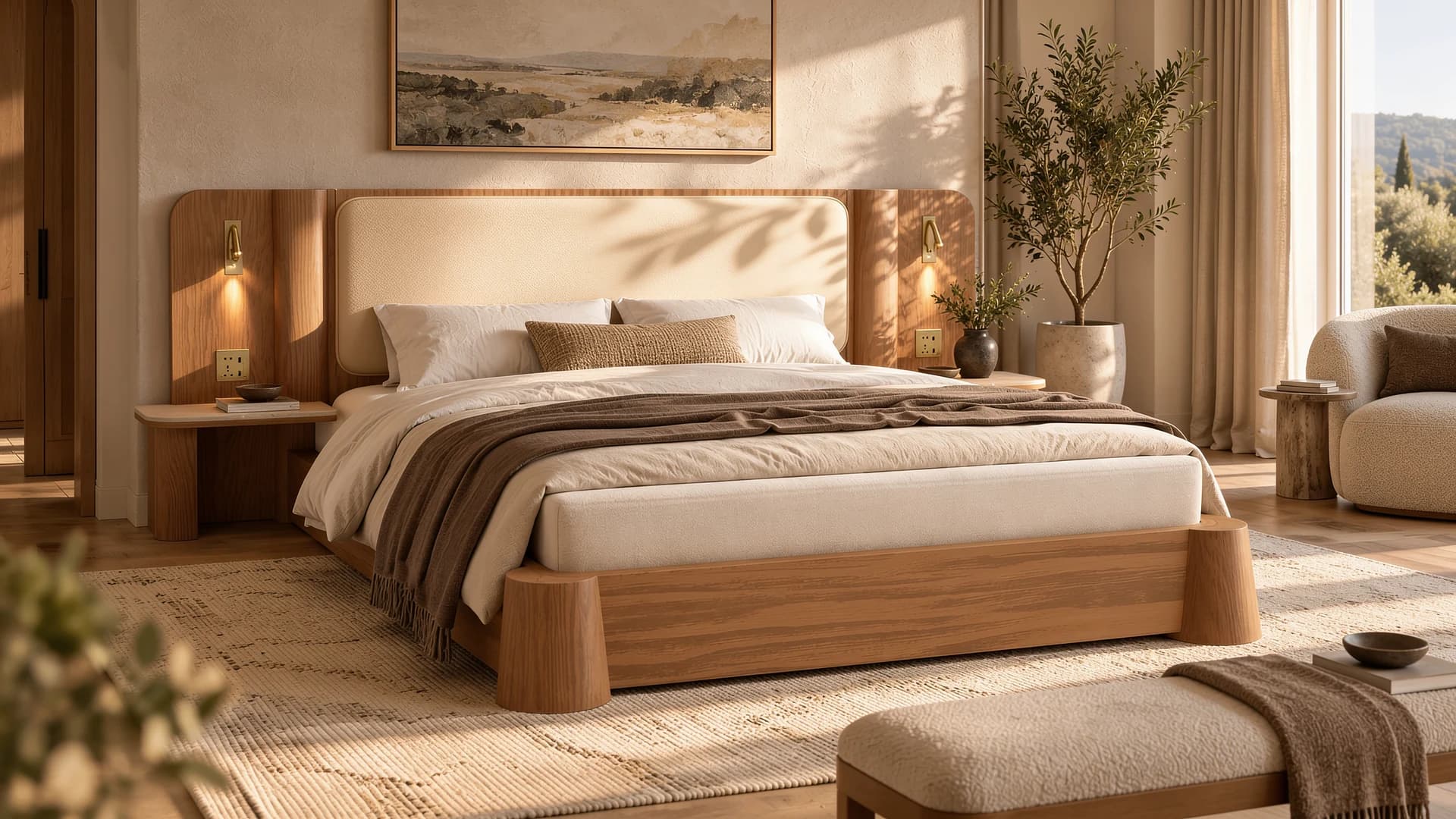 Front view of a Solenne upholstered bed with integrated wooden bedside panels in a warm neutral bedroom