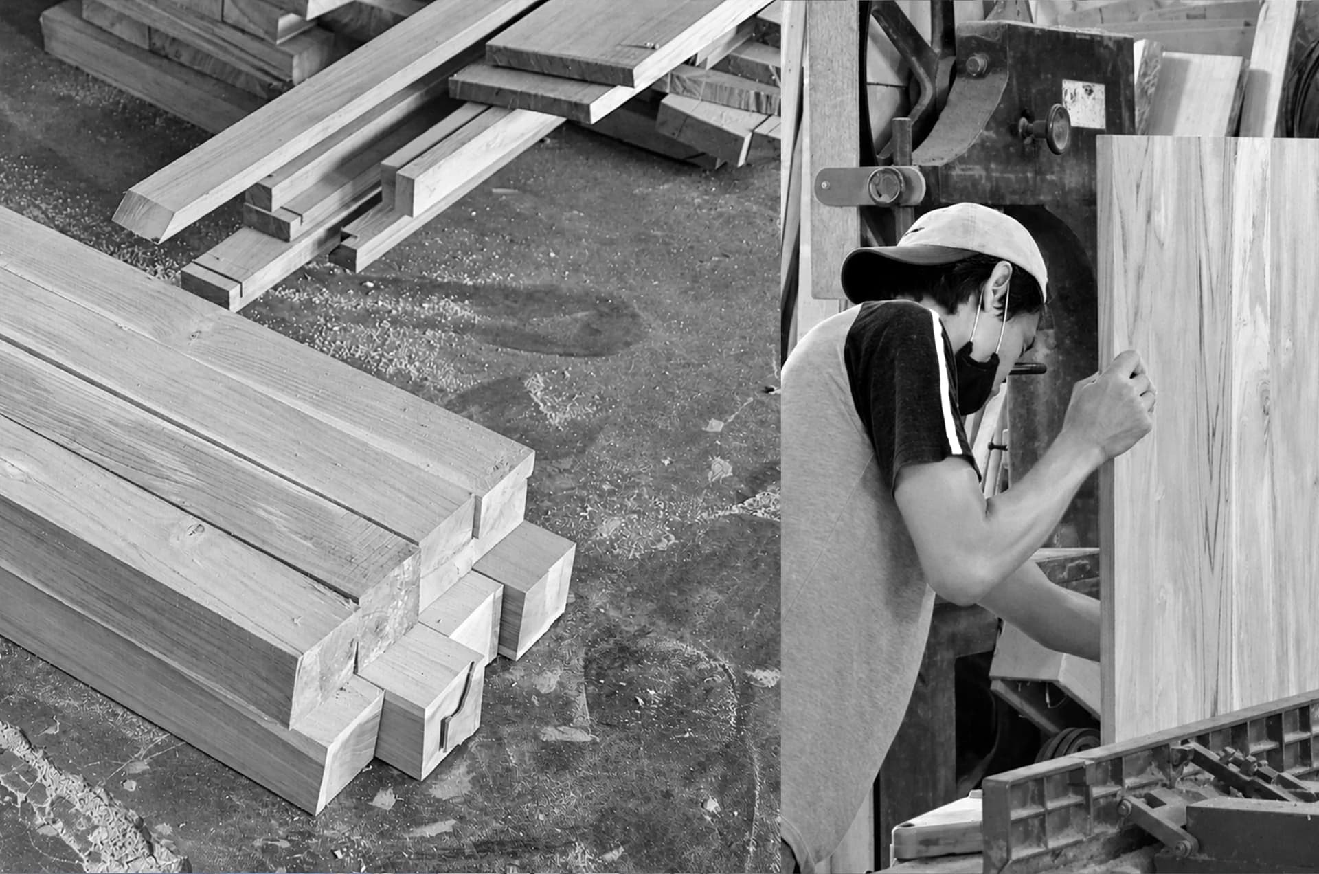 Collage of timber planks and an artisan working with wood