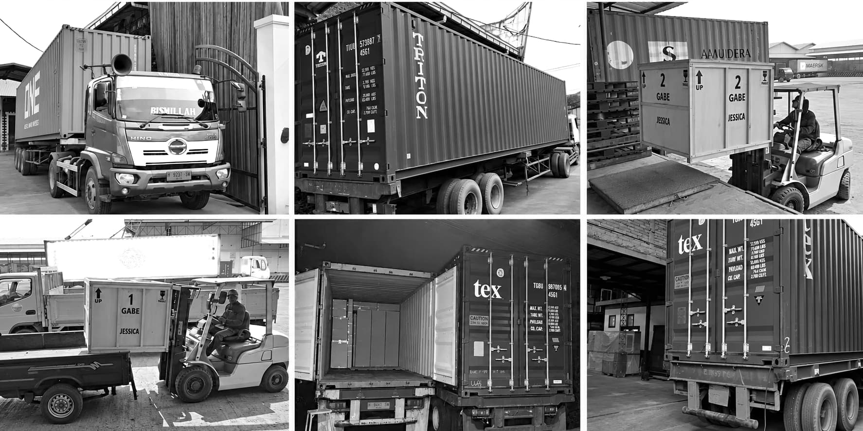 Collage of shipping containers, trucks and a forklift used for furniture exports